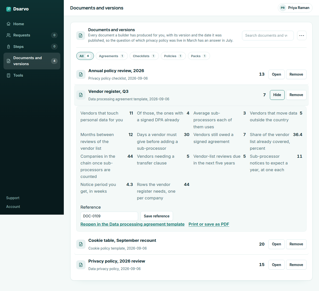 The Dsarvo workspace, documents tab, with Vendor register Q3 open. Eleven vendors that touch personal data, four already covered by a signed agreement and three sub-processors each in, and the sheet returning 7 vendors still owed an agreement, 36.4 percent of the list covered, 44 companies in the chain, 5 needing a transfer clause and 4.3 weeks of notice.