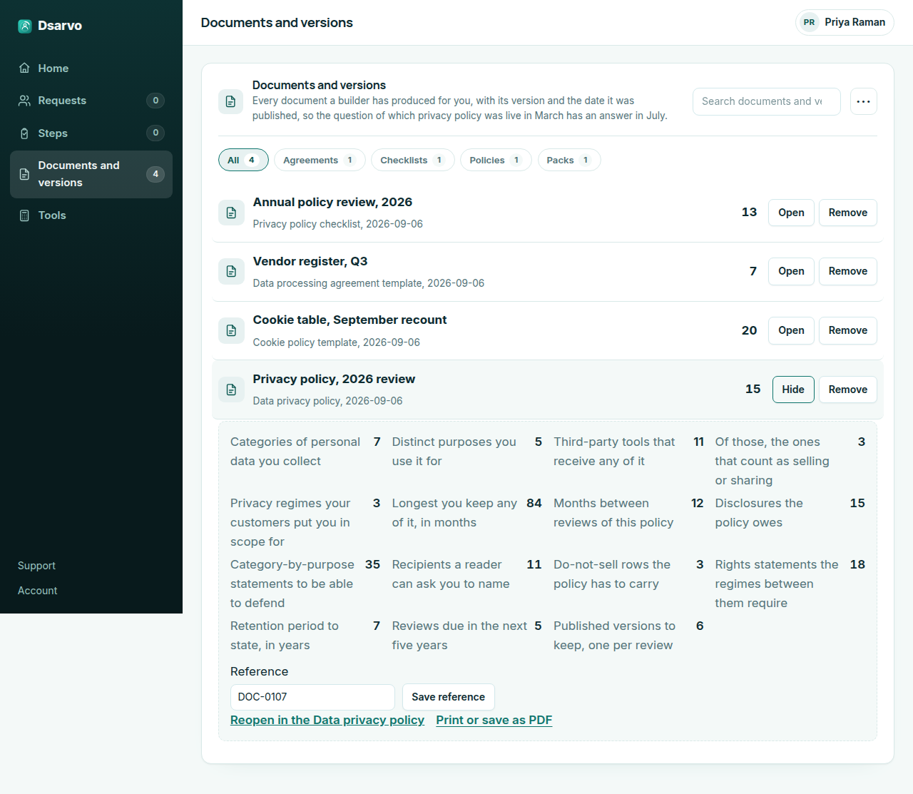 The Dsarvo workspace, documents tab, with Privacy policy 2026 review open. Seven categories of personal data used for five purposes through eleven third-party tools in, three of them selling or sharing, and the sheet returning 15 disclosures the policy owes, 35 category-by-purpose statements to defend, 11 recipients a reader can ask you to name, 18 rights statements and a seven year retention period.